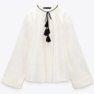 ZARA off-white linen blouse with Black Tassels